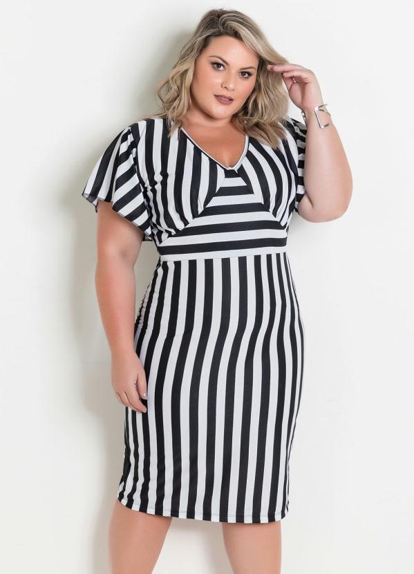 Vestido Listrado Midi Plus Size Mangas Amplas Marguerite