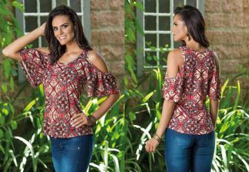 Blusa Estampada com Ombros Vazados e Mangas Godê