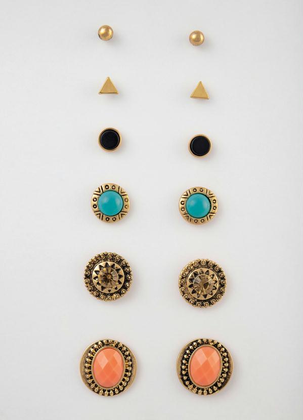 Kit Brincos (Dourado) com Pedras Coloridas