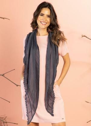 Xale Echarpe (Marinho) com Renda e Pompons