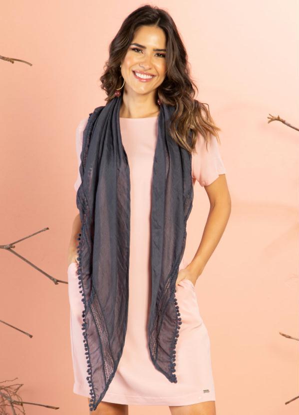 Xale Echarpe (Marinho) com Renda e Pompons