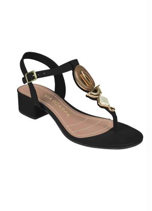 Sandália Via Scarpa (Preta) com Dourado e Salto Sandália Via Scarpa (Preta) com Dourado e Salto