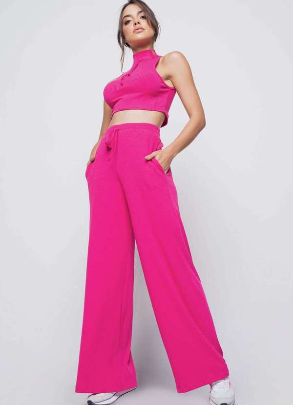 Calça Wide Leg Malha Canelada Rosa - Salvatore Fashion