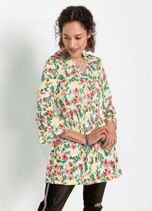 Blusa Bata com Amarra��o no Decote (Floral Verde)