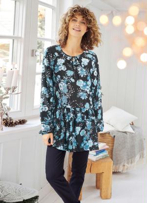 Blusa Bata Mangas Longas (Floral Azul)