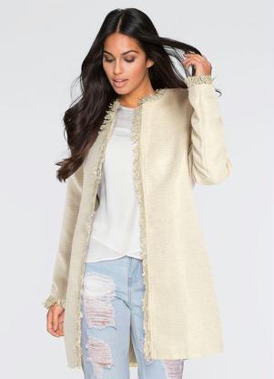 Blazer Alongado em Tweed com Franjas (Bege Areia)