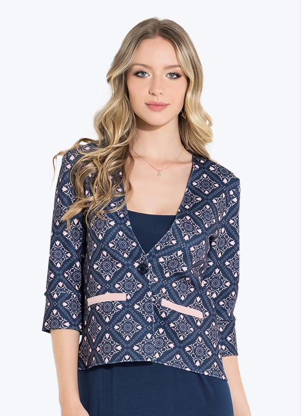 Blazer (Barroco Azul) com Bot�o e Mangas 3/4