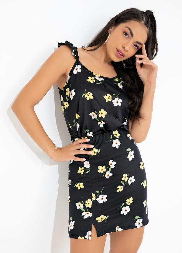 Blusa (Floral Preta) em Piqu� com Babado nas Al�as