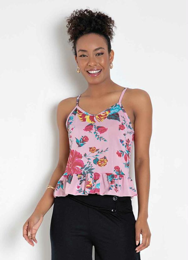 Blusa (Floral Rosa) com Babado na Barra