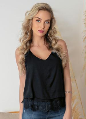 Blusa (Preta) de Al�as com Renda na Barra