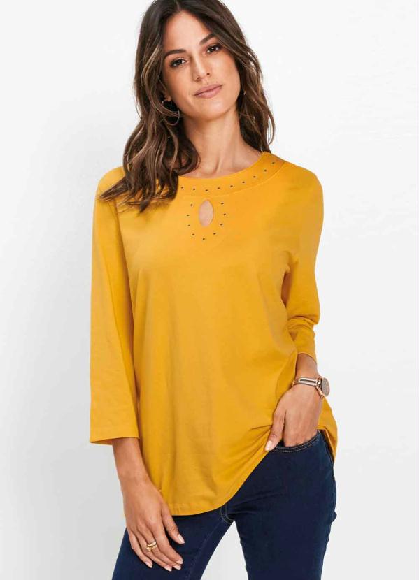 Blusa com Decote Vazado e Mangas 7/8 (Amarelo)