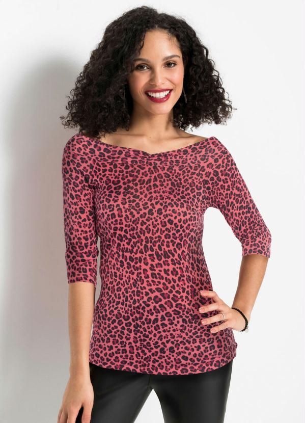Blusa Decote Amplo Animal Print (On�a Coral)
