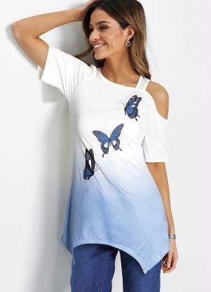 Blusa Estampada Barra Assim�trica (Branca/Azul)