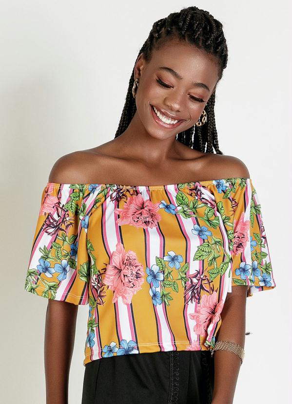 Blusa (Floral Amarela) com Mangas 3/4