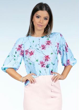 Blusa (Floral Azul) Ampla com Mangas Bufantes