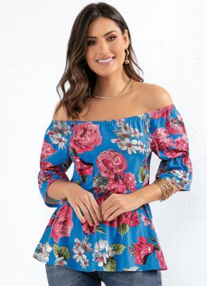 Blusa (Floral Azul) com Babado na Barra