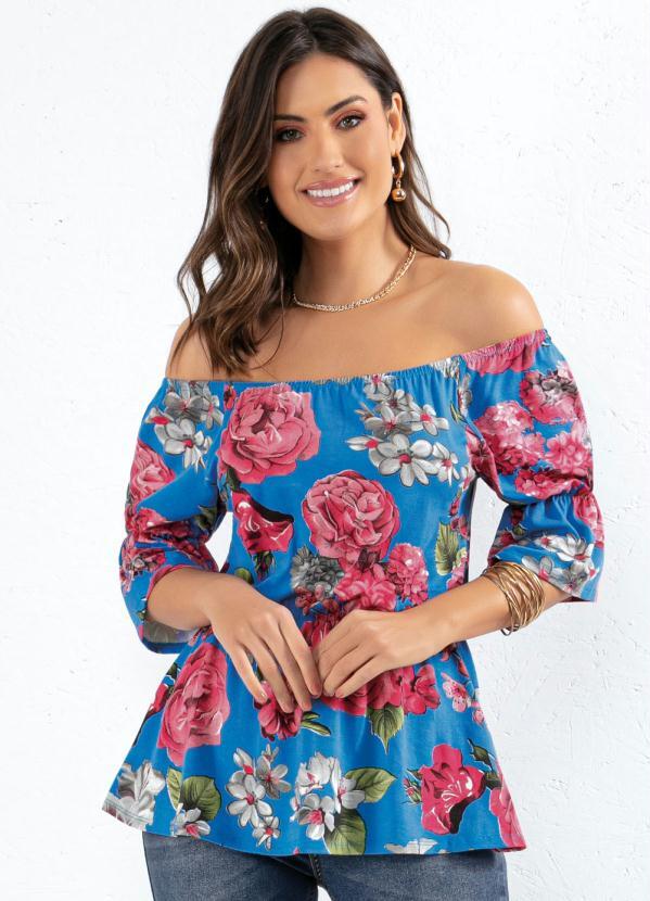 Blusa (Floral Azul) com Babado na Barra