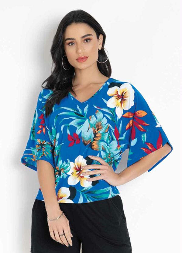 Blusa (Floral Azul) com Mangas Rovitex