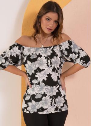 Blusa (Floral P&B) Decote Ciganinha com La�o