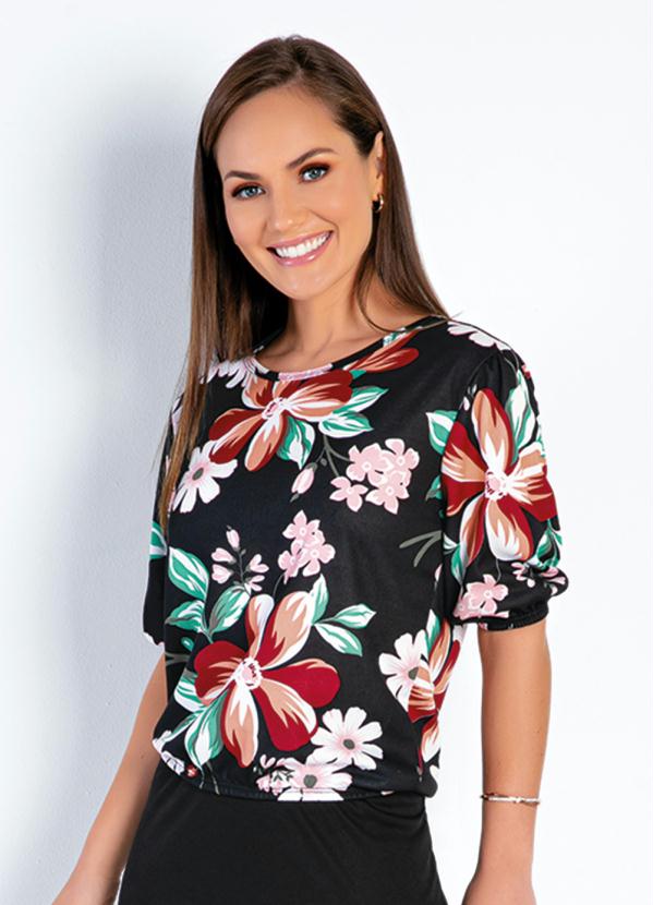 Blusa (Floral Preta) com El�stico Moda Evang�lica