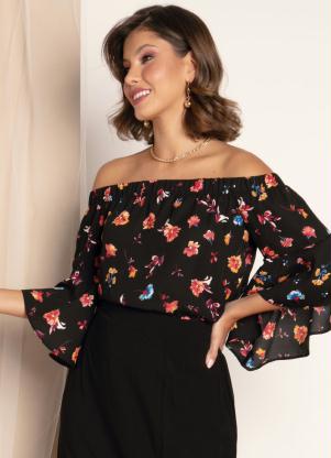 Blusa (Floral Preto) com Mangas Evasê Blusa (Floral Preto) com Mangas Evasê