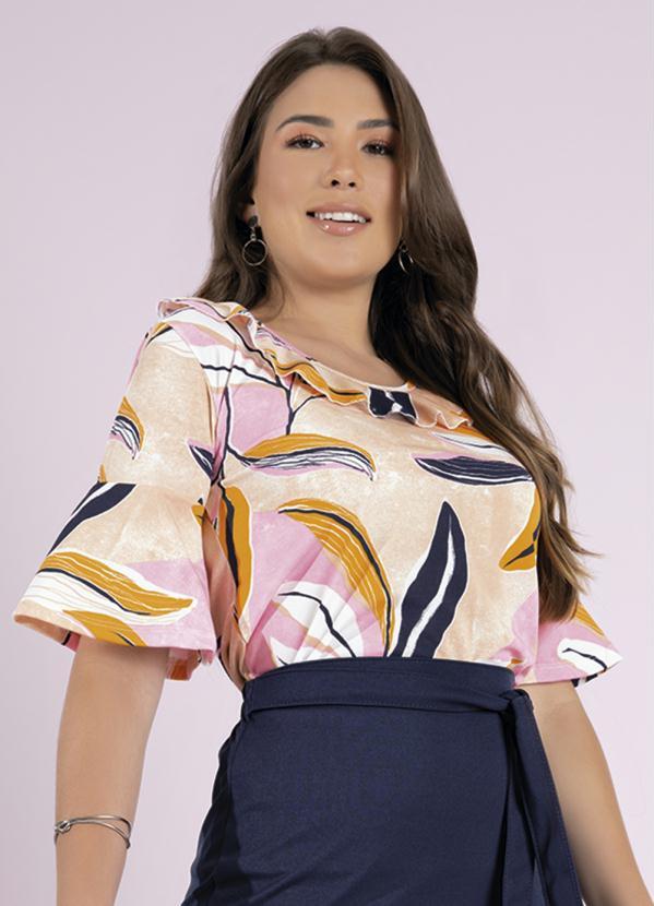 Blusa (Folhas Rosa) com Babado Moda Evang�lica