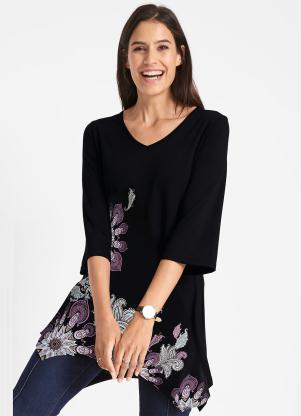 Blusa Longuete Mangas 7/8 (Estampada Preta)