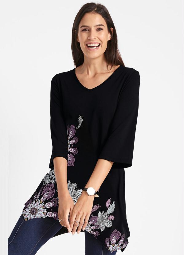 Blusa Longuete Mangas 7/8 (Estampada Preta)