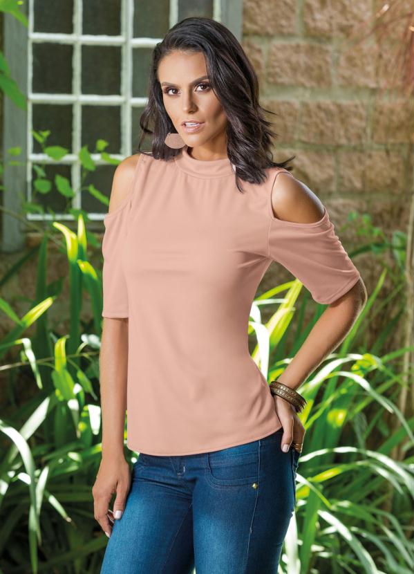 Blusa Mangas 3 4 Salmão Com Abertura Nos Ombros Queima De Estoque