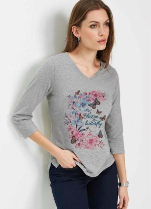 Blusa Mangas 7/8 com Estampa Frontal (Mescla)