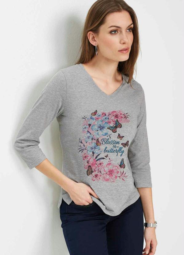 Blusa Mangas 7/8 com Estampa Frontal (Mescla)