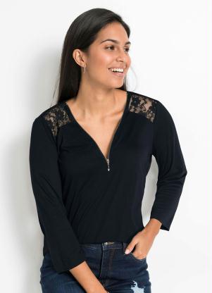 Blusa Mangas 7/8 com Z�per no Decote (Preta)