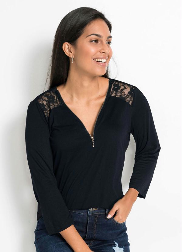 Blusa Mangas 7/8 com Z�per no Decote (Preta)