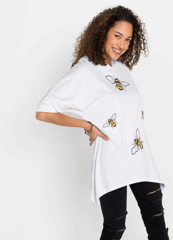 Blusa Mangas Morcego Estampada com Capuz (Branca)