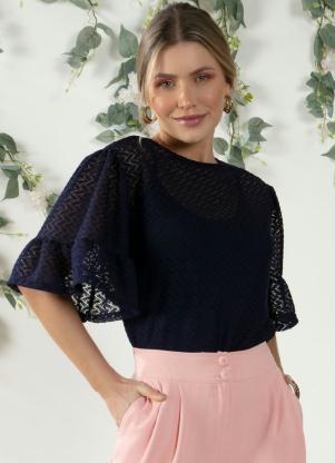 Blusa (Marinho) em Renda com Mangas Amplas
