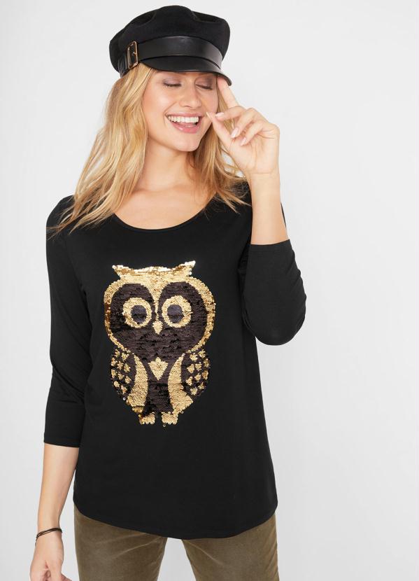 Blusa Paet� Coruja Mangas 7/8 (Preta)