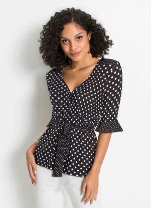 Blusa Poá com Decote Transpassado e Babado (Preta) Blusa Poá com Decote Transpassado e Babado (Preta)