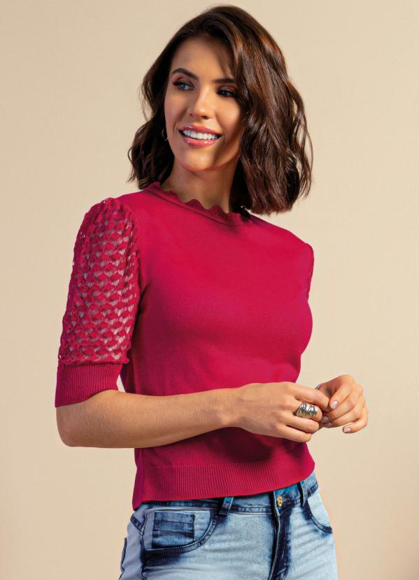 Blusa (Rosa) de Tric� com Mangas Bufantes