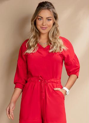Blusa (Vermelha) com Decote V e Mangas Bufantes
