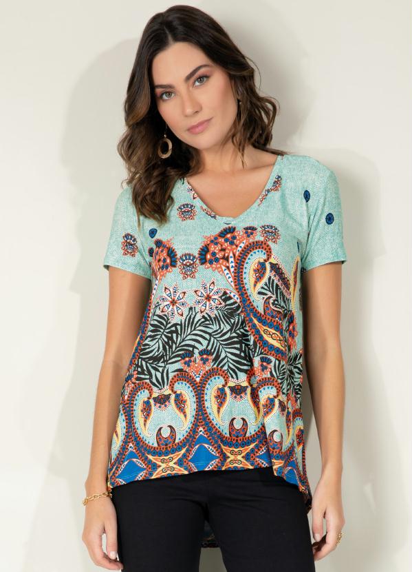 Blusa Ampla (Barrado Verde) com Mangas Curtas