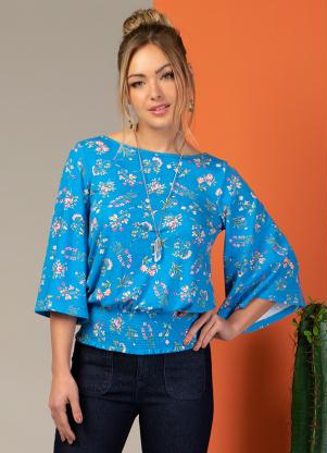 Blusa Ampla (Floral Azul) com El�stico na Barra