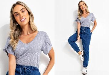 Blusa Cinza Alongada com Manga Tulipa