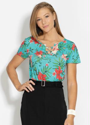 Blusa com Argolas no Decote (Floral Turquesa)
