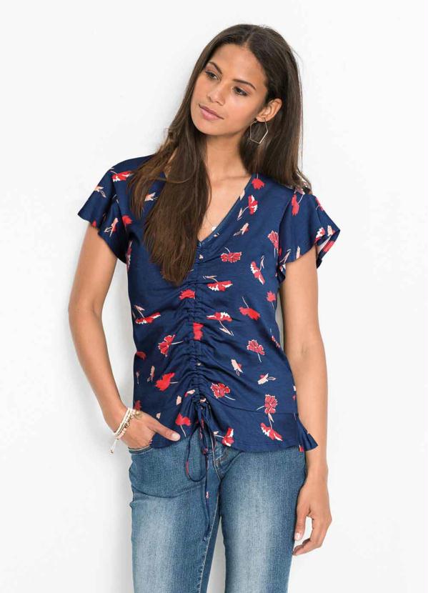 Blusa com Decote V (Floral Azul)