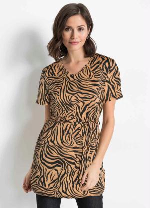 Blusa com Fenda e Faixa Animal Print (Bege)
