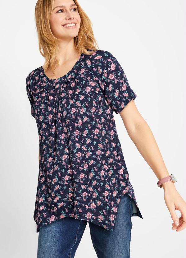 Blusa com Fendas Laterais (Floral Marinho)