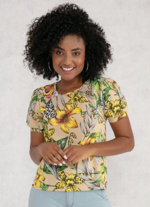 Blusa com Manga Bufante (Floral Bege)