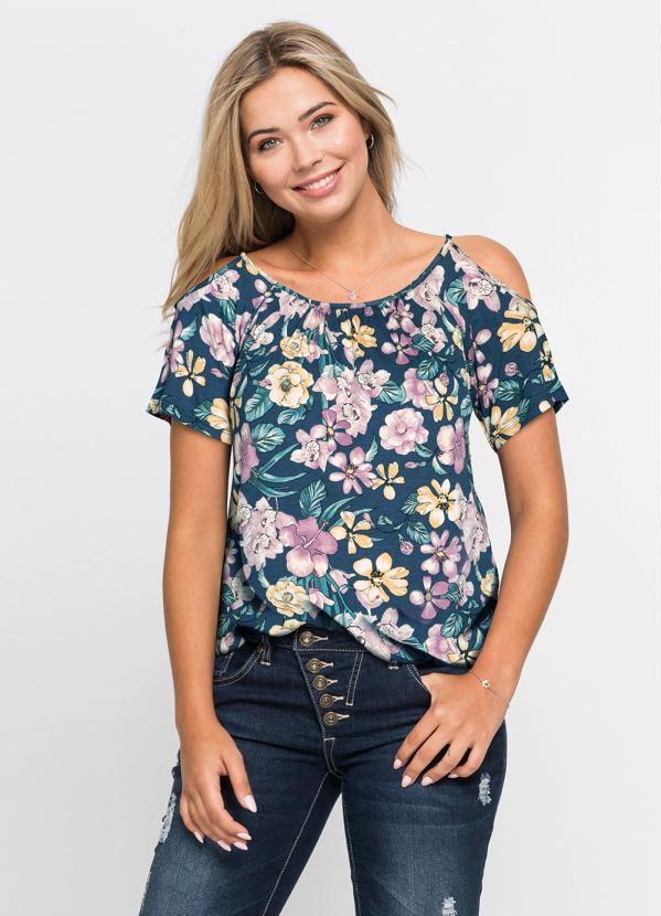 Blusa com Ombros Vazados (Floral Azul) Blusa com Ombros Vazados (Floral Azul)