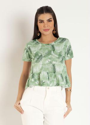Blusa Curta (Folhas Verde) com Babado na Barra