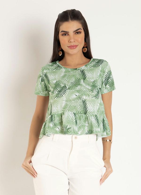 Blusa Curta (Folhas Verde) com Babado na Barra